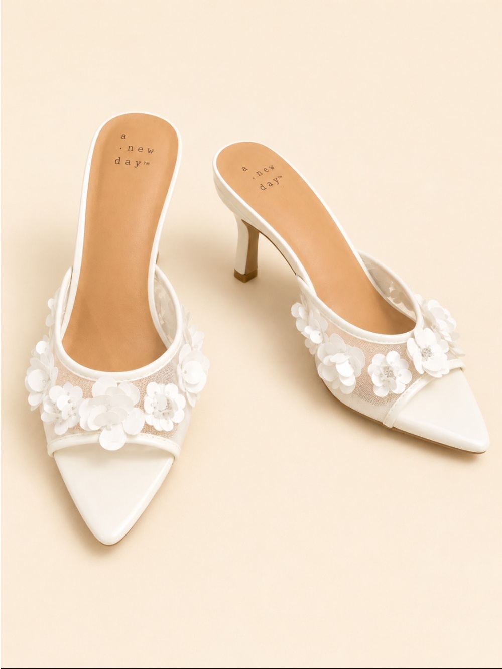 a.new.day White Floral Mesh Pointed-Toe Mules Size 6